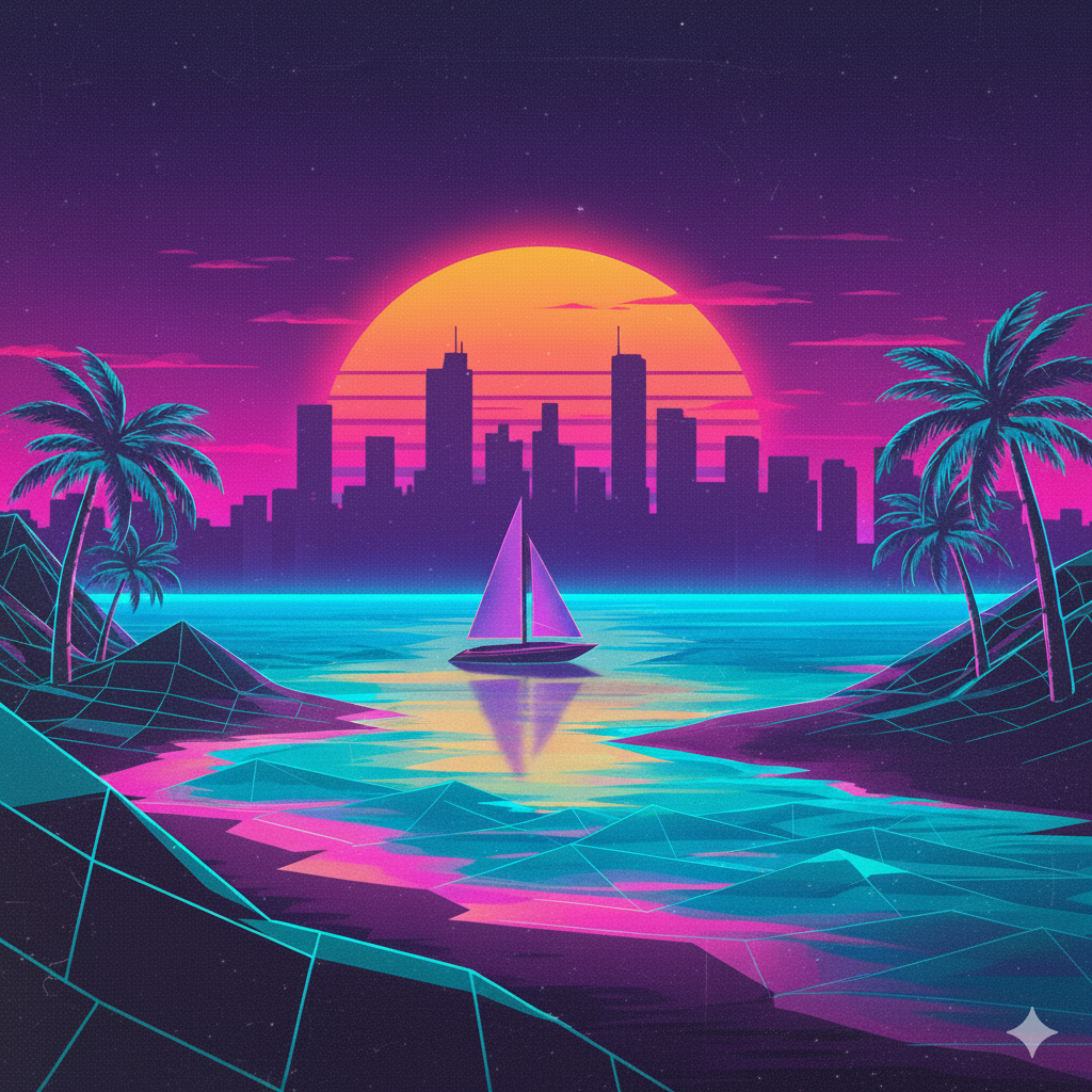 An 80s synthwave scene with a city skyline, a beach, and a sailboat on the ocean